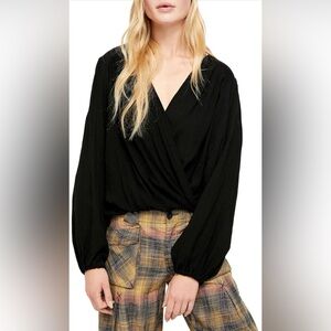 Free People Check On It Wrap Blouse XS Black Crinkle Sheer Boho Top